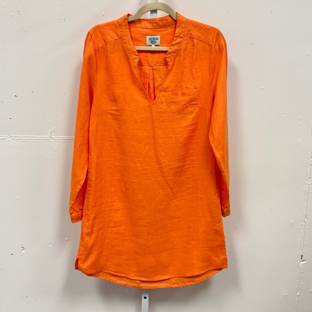 HIHO Orange 100%‎ Linen Tunic Top Long Sleeve Split V-Neck Beach Coverup Small